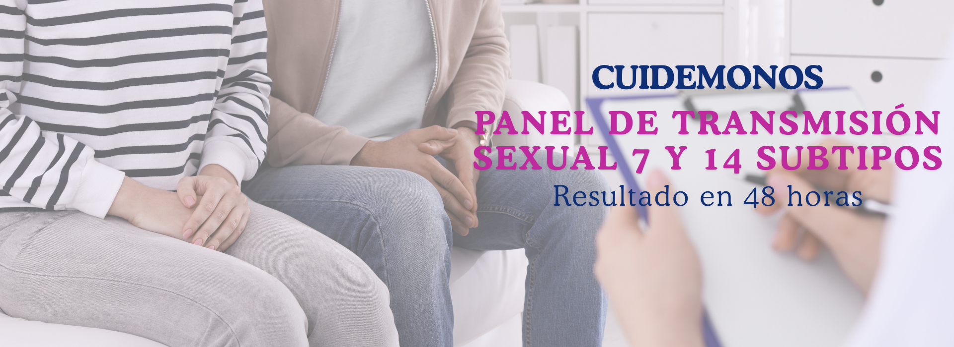 Pareja sentada conversando con una profesional de salud. Cuidémonos: panel de transmisión sexual de 7 y 14 subtipos, resultado en 48 horas.