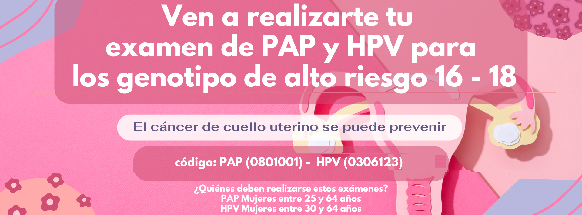 Ilustración de un útero sobre fondo rosado. Ven a realizarte tu examen de PAP y HPV para los genotipos de alto riesgo 16 y 18. El cáncer de cuello uterino se puede prevenir. Códigos: PAP (0801001) y HPV (0306123). PAP: mujeres entre 25 y 64 años; HPV: mujeres entre 30 y 64 años.